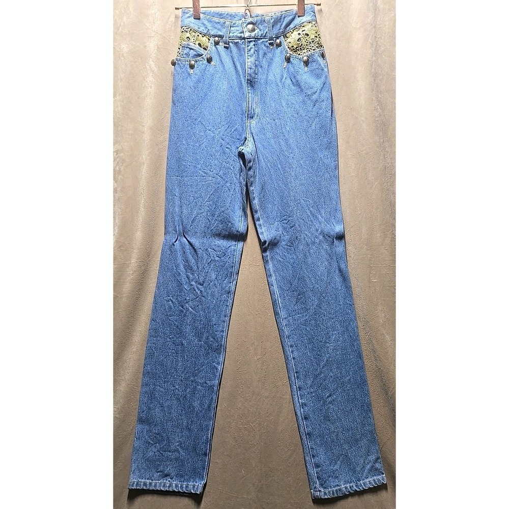 Vintage Cache Womens High Rise Straight Leg Lace Buttom Accent Denim Jeans‎ Rare